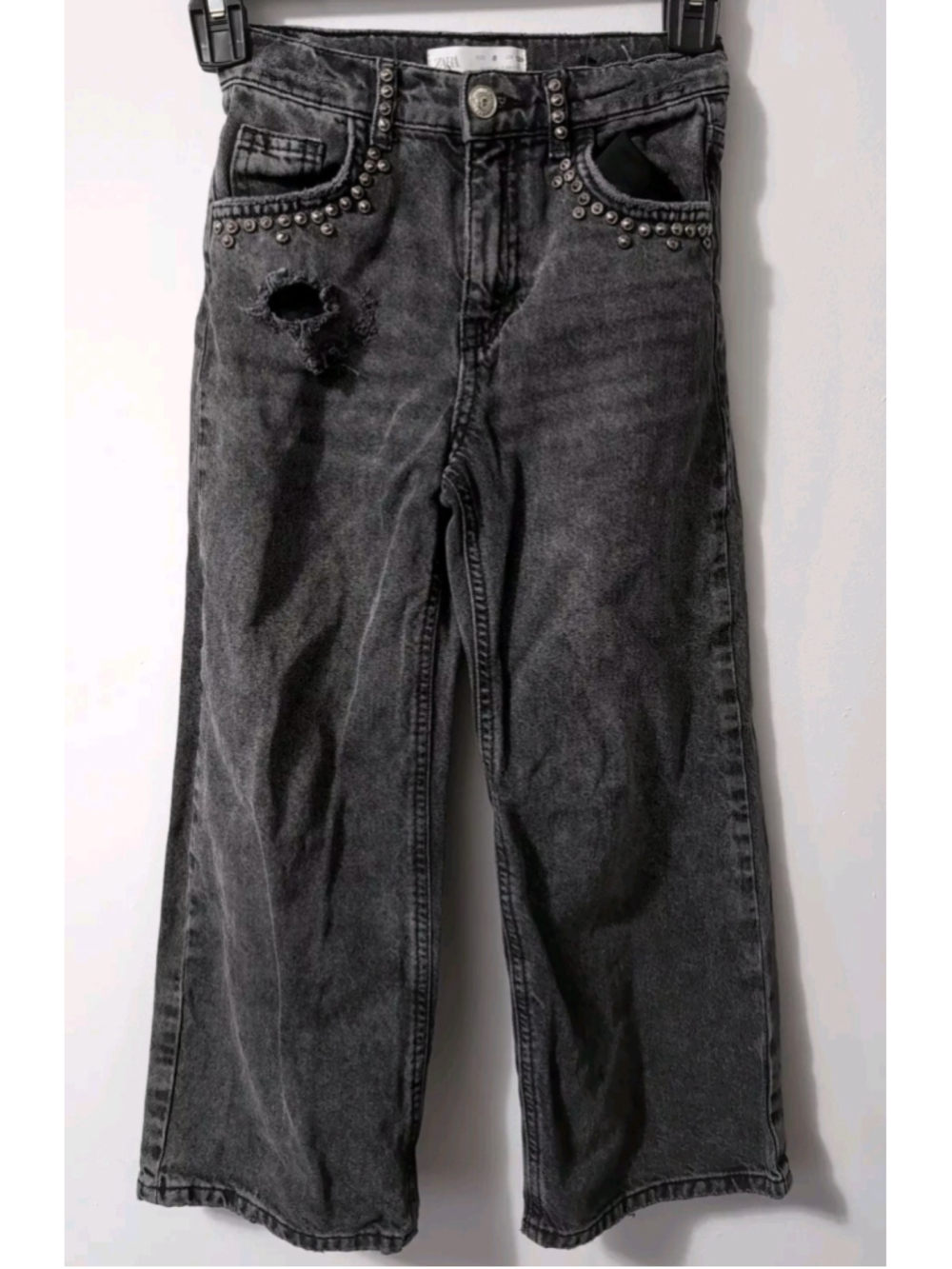 Zara Black Denim Wide Leg Ripped Distressed Dazzled Studded Girls Jeans Kids 8